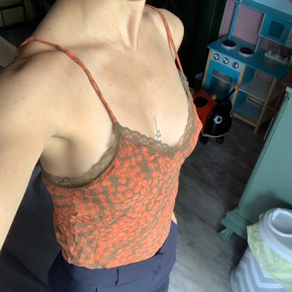 Cute Express top, orange and brown with spaghetti straps.